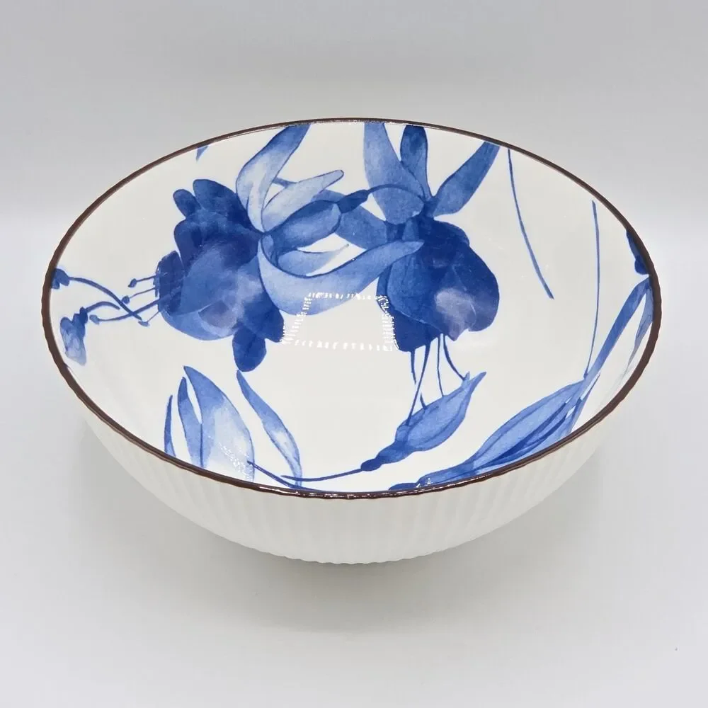 SH‎ Home 42oz Blue Ceramic Ramen Noodle Soup Bowl Chopsticks Spoon Floral Motifs